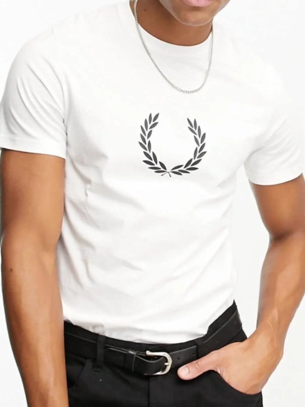 Fred Perry White Short Sleeve Tee with Black Laurel Motif